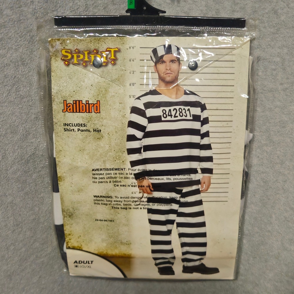 Spirit Jailbird Costume Men LG/XL Black White Striped Prisoner Inmate 3pc Set